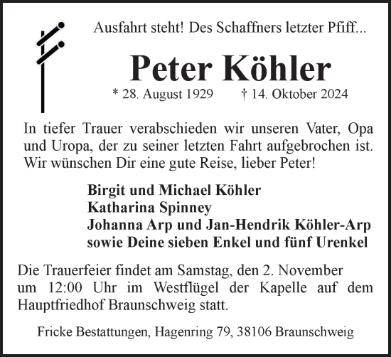 Traueranzeige von Peter Köhler von Braunschweiger Zeitung