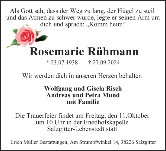 Traueranzeige von Rosemarie Rühmann von Salzgitter-Zeitung