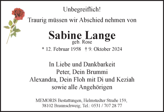 Traueranzeige von Sabine Lange von Braunschweiger Zeitung
