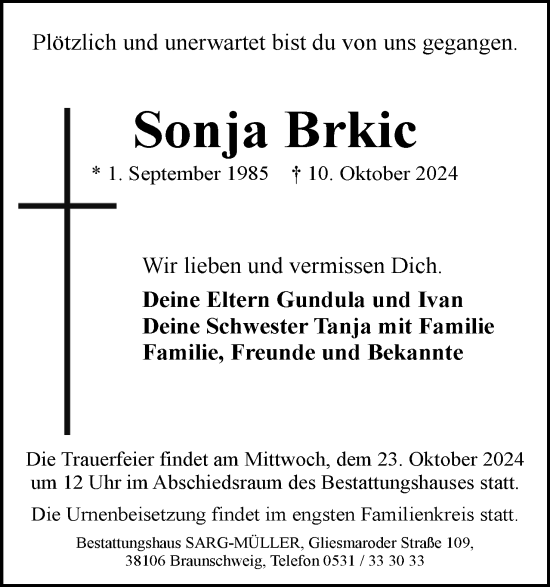 Traueranzeige von Sonja Brkic von Neue Braunschweiger am Samstag