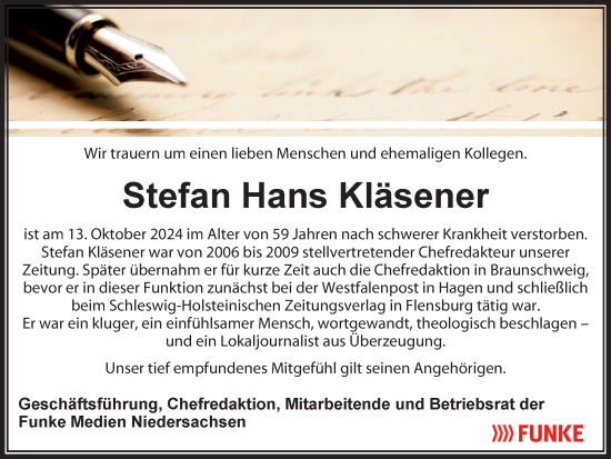 Traueranzeige von Stefan Hans Kläsener von Braunschweiger Zeitung