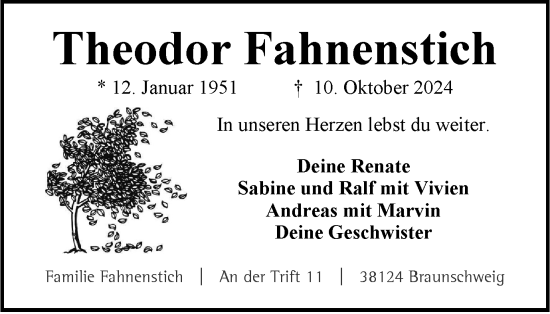 Traueranzeige von Theodor Fahnenstich von Braunschweiger Zeitung