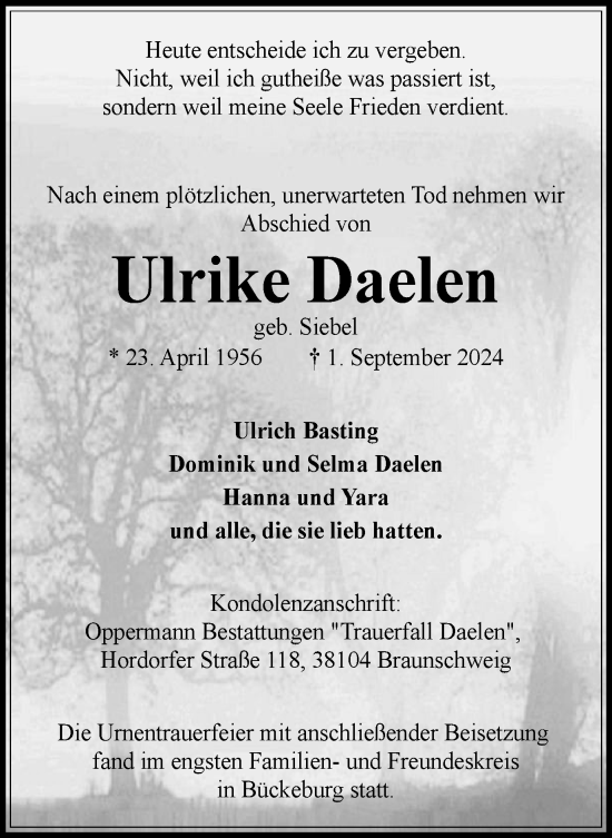 Traueranzeige von Ulrike Daelen von Braunschweiger Zeitung