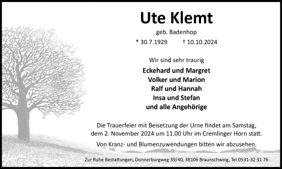 Traueranzeige von Ute Klemt von Braunschweiger Zeitung