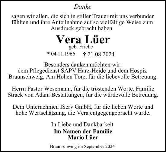 Traueranzeige von Vera Lüer von Braunschweiger Zeitung