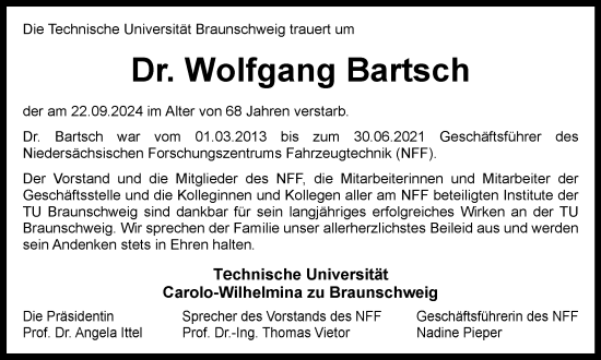 Traueranzeige von Wolfgang Bartsch von Braunschweiger Zeitung