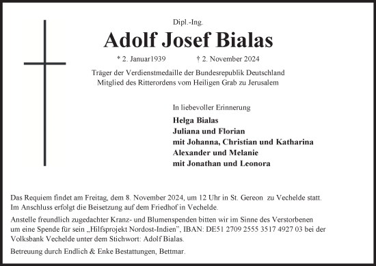 Traueranzeige von Adolf Josef Bialas von Peiner Nachrichten