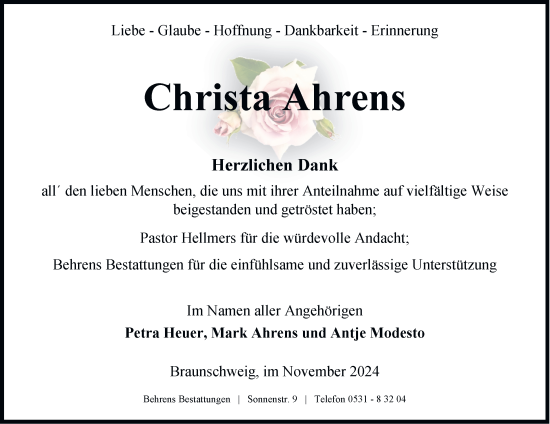 Traueranzeige von Christa Ahrens 
