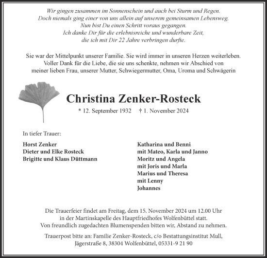 Traueranzeige von Christina Zenker-Rosteck 
