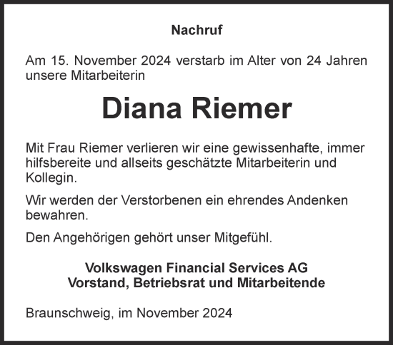 Traueranzeige von Diana Riemer 