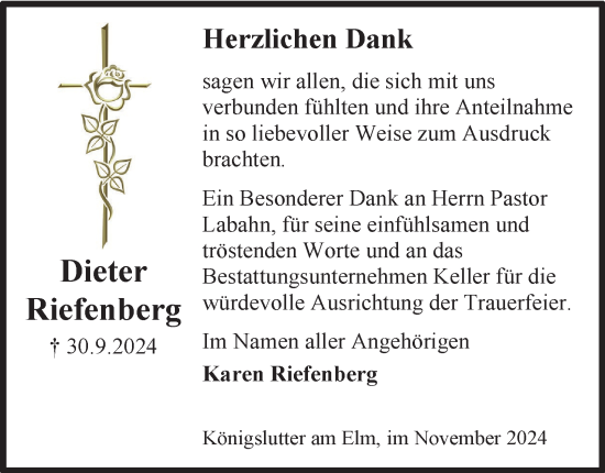 Traueranzeige von Dieter Riefenberg von Helmstedter Nachrichten