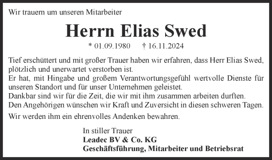 Traueranzeige von Elias Swed 