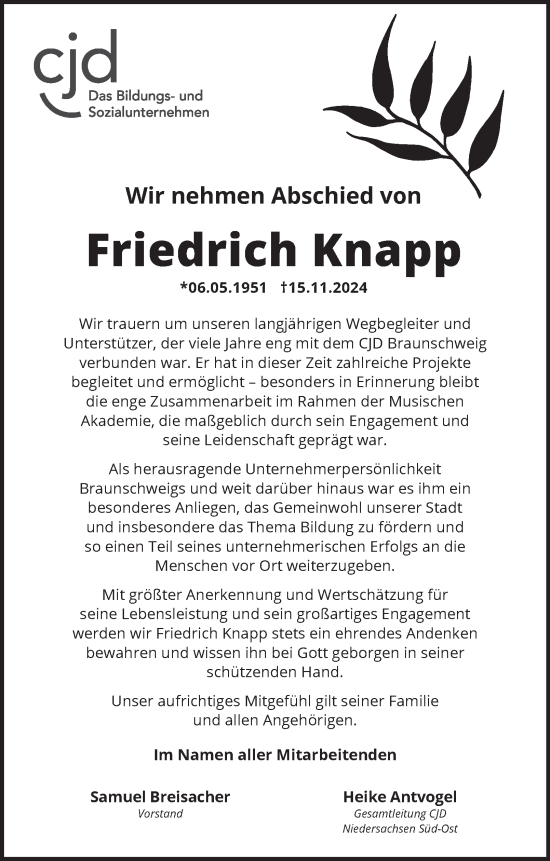 Traueranzeige von Friedrich Knapp 