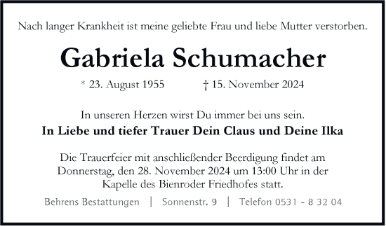 Traueranzeige von Gabriela Schumacher 