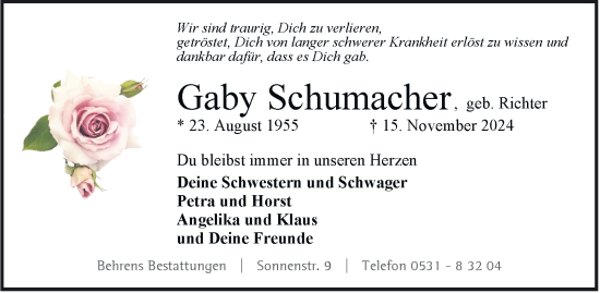 Traueranzeige von Gaby Schumacher 