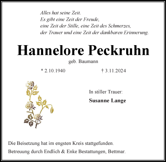 Traueranzeige von Hannelore Peckruhn von Peiner Nachrichten