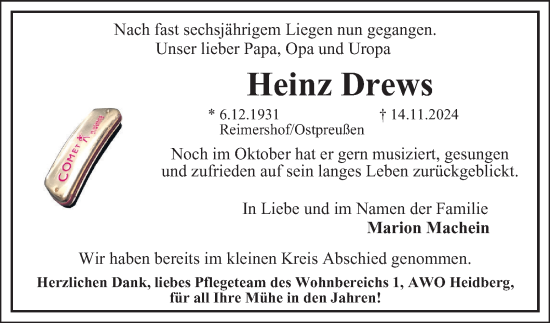Traueranzeige von Heinz Drews 