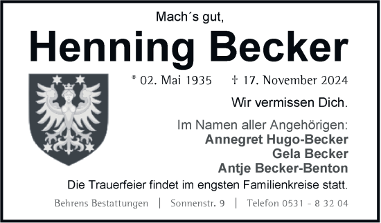 Traueranzeige von Henning Becker 