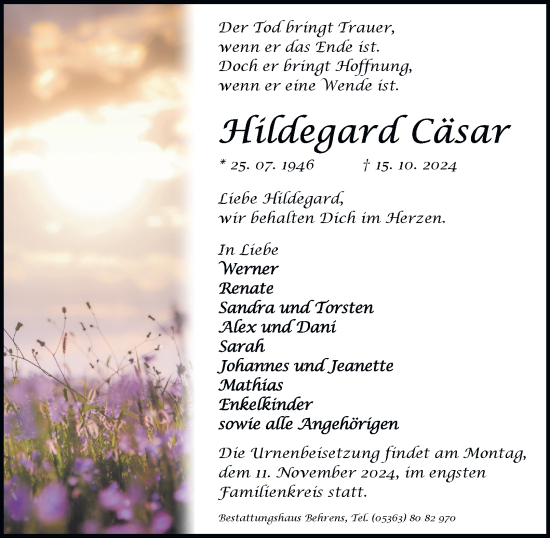 Traueranzeige von Hildegard Cäsar 