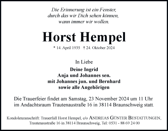 Traueranzeige von Horst Hempel 