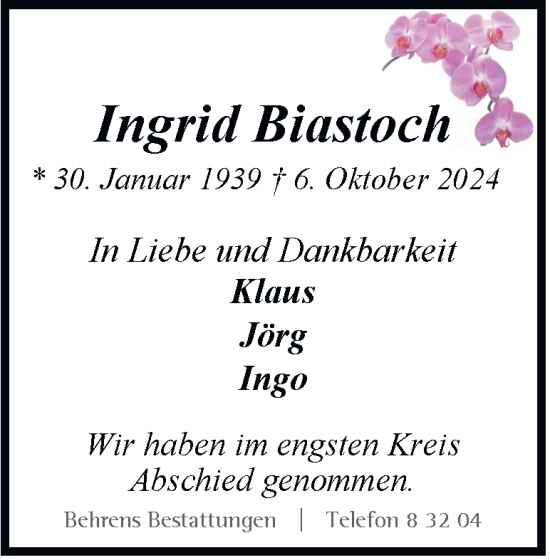 Traueranzeige von Ingrid Biastoch 