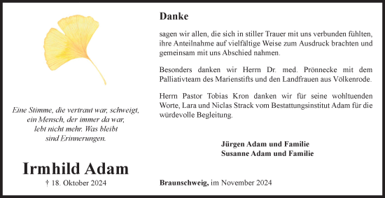Traueranzeige von Irmhild Adam 