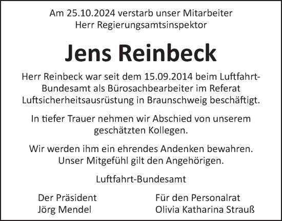 Traueranzeige von Jens Reinbeck 