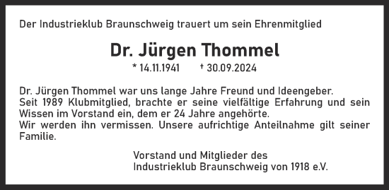 Traueranzeige von Jürgen Thommel 