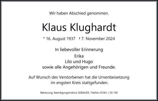 Traueranzeige von Klaus Klughardt 