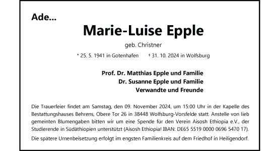 Traueranzeige von Marie-Luise Epple 