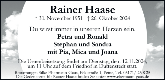 Traueranzeige von Rainer Haase 
