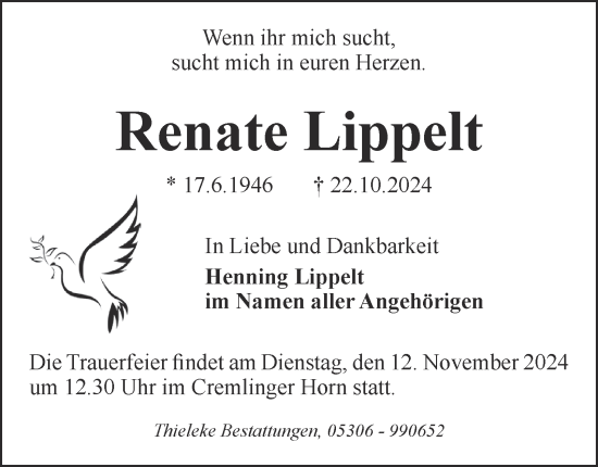 Traueranzeige von Renate Lippelt von Wolfenbütteler Zeitung