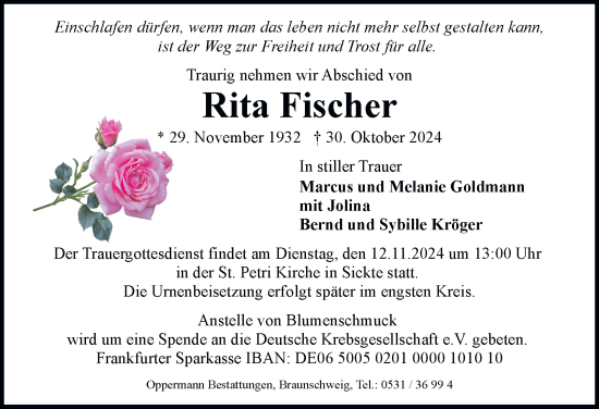 Traueranzeige von Rita Fischer 