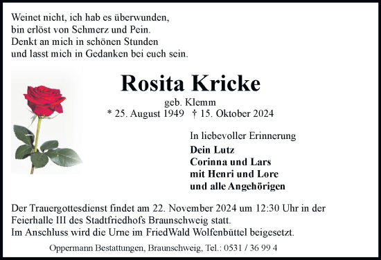 Traueranzeige von Rosita Kricke 