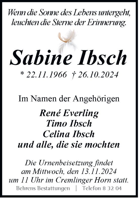 Traueranzeige von Sabine Ibsch 