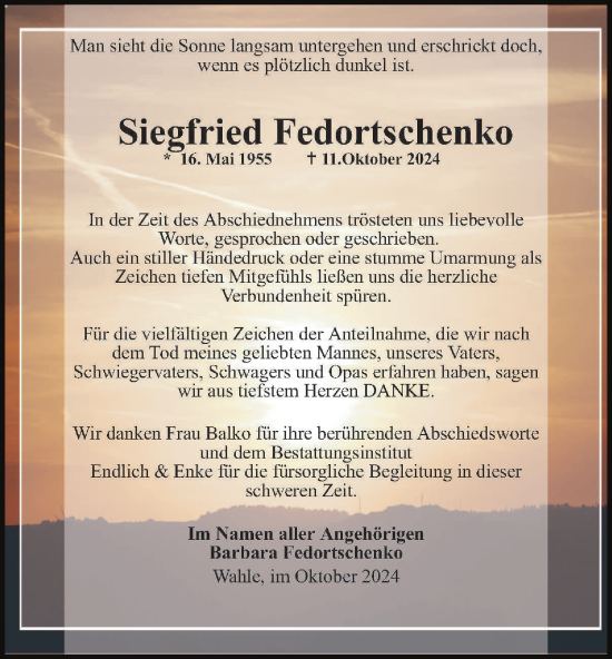 Traueranzeige von Siegfried Fedortschenko von Peiner Nachrichten