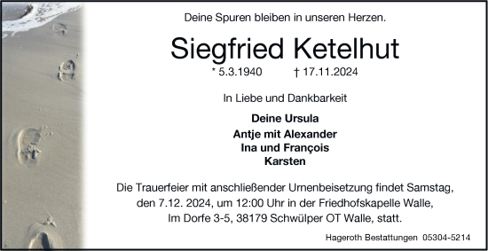 Traueranzeige von Siegfried Ketelhut 