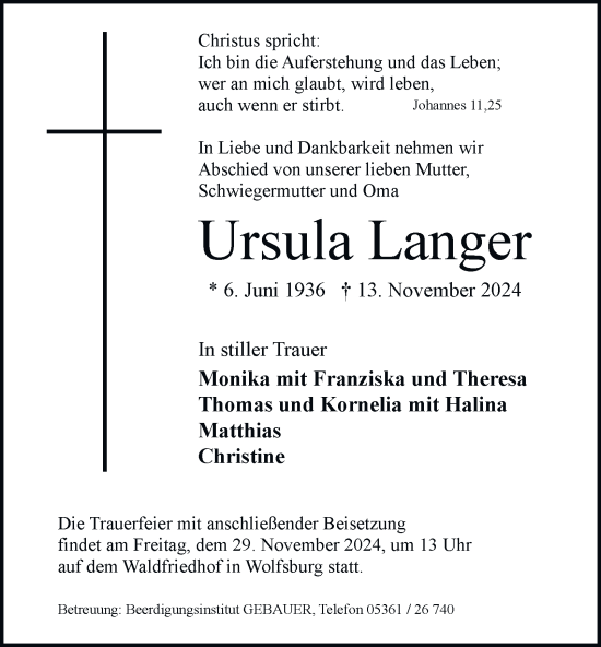 Traueranzeige von Ursula Langer 