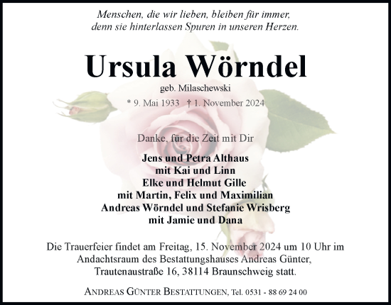 Traueranzeige von Ursula Wörndel 