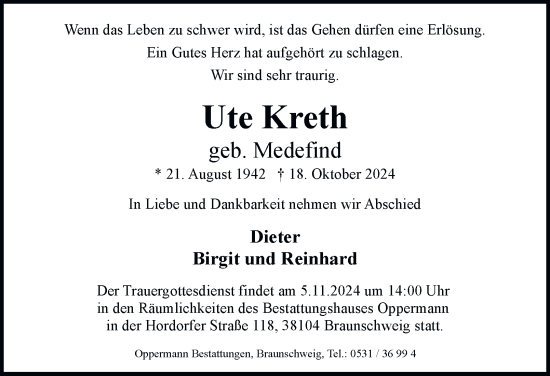 Traueranzeige von Ute Kreth 