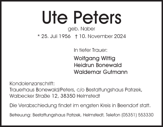 Traueranzeige von Ute Peters von Neue Braunschweiger am Samstag