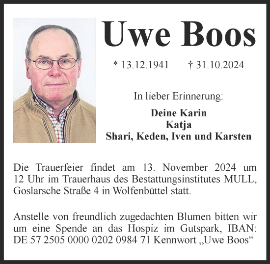 Traueranzeige von Uwe Boos von Wolfenbütteler Zeitung