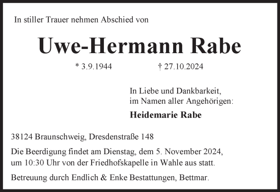 Traueranzeige von Uwe-Hermann Rabe von Neue Braunschweiger am Samstag
