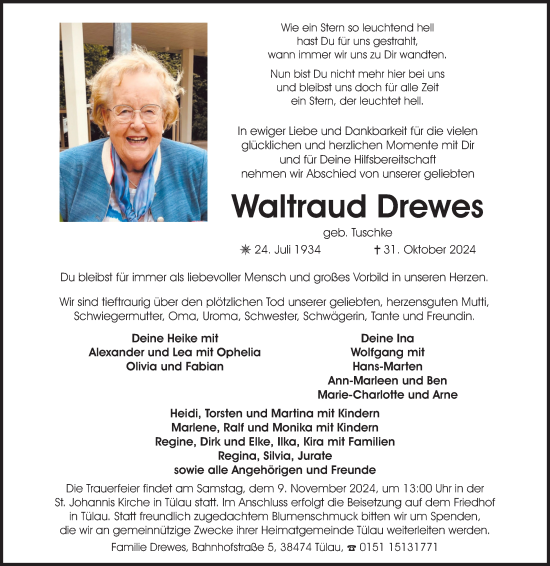 Traueranzeige von Waltraud Drewes 