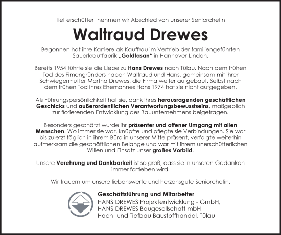 Traueranzeige von Waltraud Drewes 
