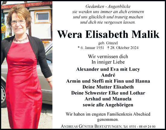 Traueranzeige von Wera Elisabeth Malik von Salzgitter-Zeitung