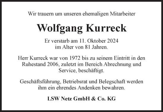 Traueranzeige von Wolfgang Kurreck 