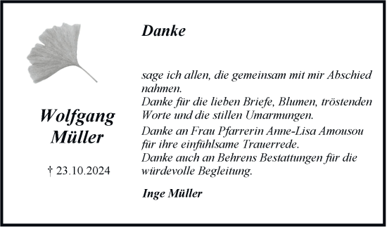 Traueranzeige von Wolfgang Müller 