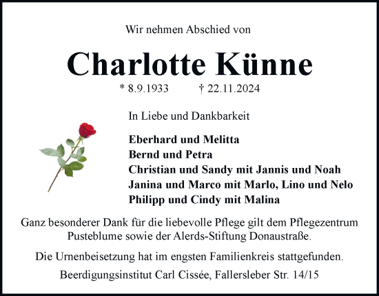 Traueranzeige von Charlotte Künne 