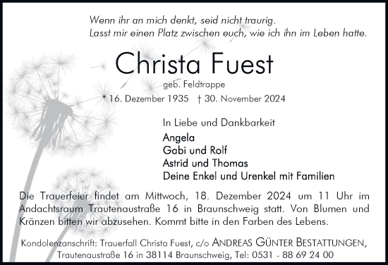 Traueranzeige von Christa Fuest 